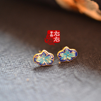 925 sterling silver gilt lotus leaf enamel Cloisonne burning blue Classical antique Chinese style silver ear nail earrings with gift box