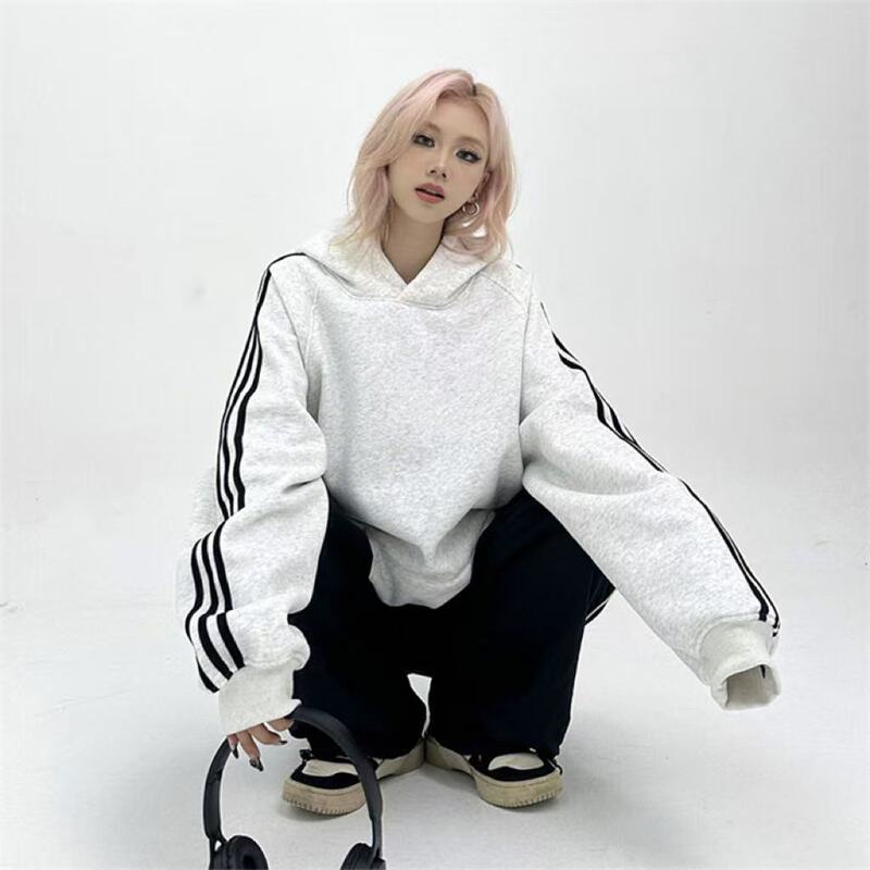 90% off Special Zone 2026 New Style Sports Hoodie for Women with Drop Shoulder Sleeves, Three Stripes, Pullover, Versatile, Fleece-Lined Top