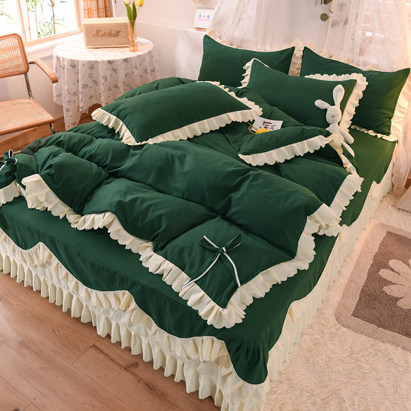 Han Style Pure Color Ink Green Lotus Leaf Lace Bed Skirt Four Sets Full Cotton Ins Wind Quilt Cover Special Price Pure Cotton Non-slip Bedcover