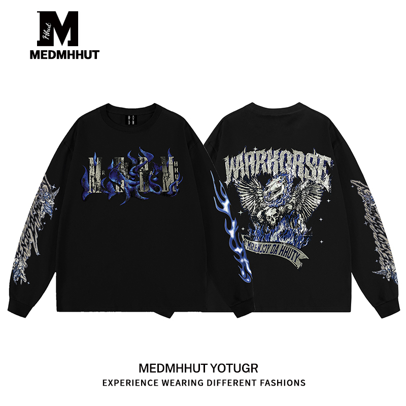 Medmhhut Skull Angel Long Sleeve T-Shirt Men's Gothic Style Streetwear Round Neck Top Women's Trendy [All Labels Complete]