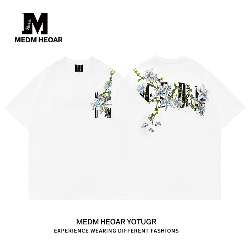 Medm Heoar Vine Floral American Style National Trend Brand Embroidered Short-Sleeve T-Shirt Summer Unisex Loose Fit T-Shirt