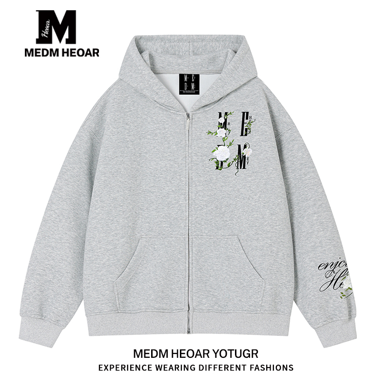 【Complete with Three Tags】Medmhhut Camellia Embroidered Sweatshirt for Men and Women, Autumn and Winter Zip-Up Hoodie Jacket