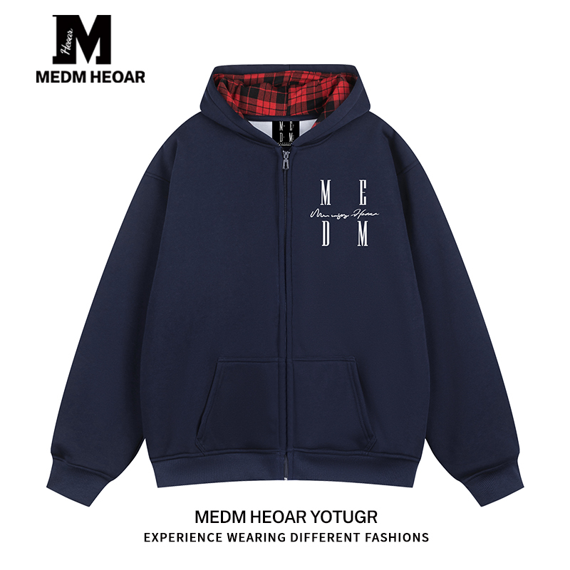[All Three Labels Complete] Medmhhut Zipper Hoodie Men's American-Style Plaid Hooded Sweatshirt Unisex Casual Jacket
