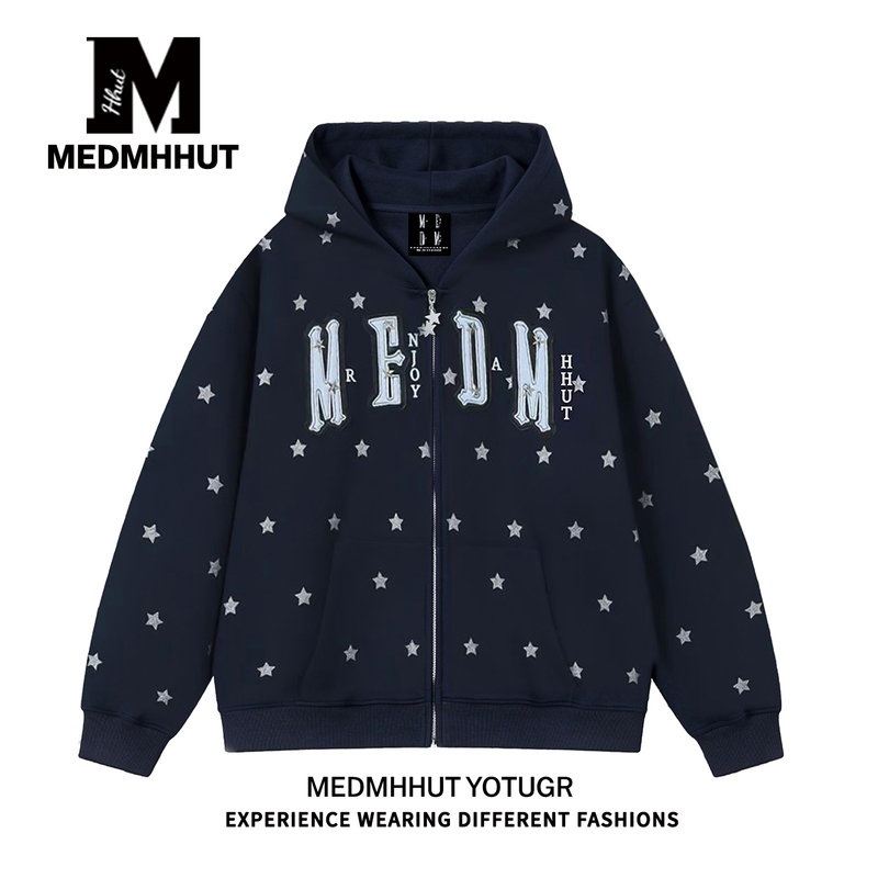 【Complete Set of Three Items】Medmhhut Glitter Star Embroidered Patch Hooded Cardigan New Women's Zip-Up Sweatshirt