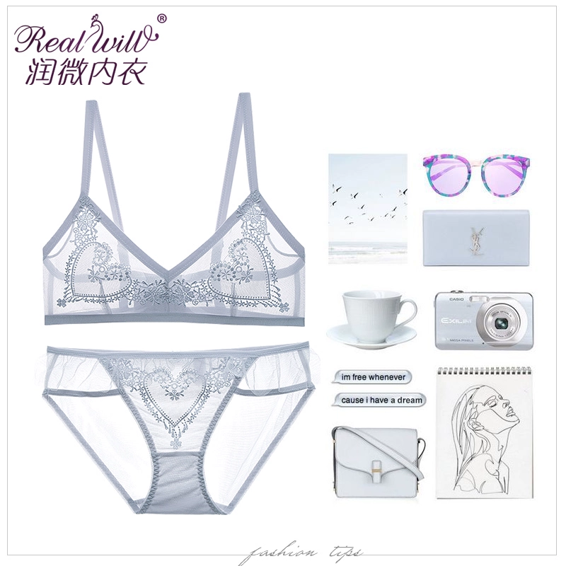 Runwei bra set nữ tam giác cúp ngực kiểu Pháp không vòng thép sexy ren sexy size lớn mỏng và nhỏ - Bộ đồ lót