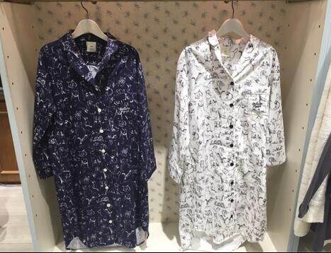 *Japanese big-name ice cream is soft and soft* hand-painted cat sanding warm women's long-sleeved home long nightdress two-color