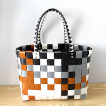 New foreign trade woven basket woven basket shopping basket picnic basket square contrast color plastic woven bag handbag vegetable basket