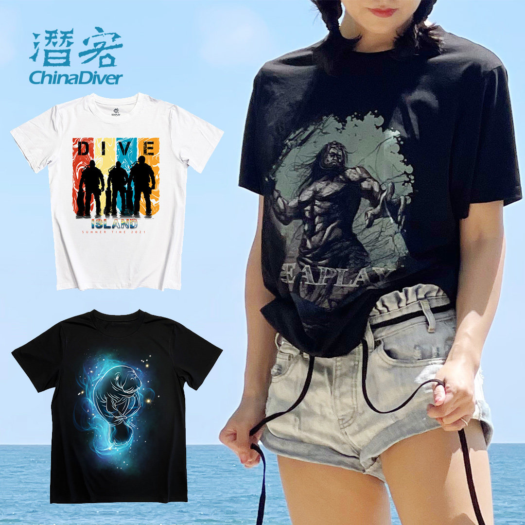 Seaplay ocean diving theme T-shirt black and white creative hand-painted couple cotton round neck printing short sleeves can be customized