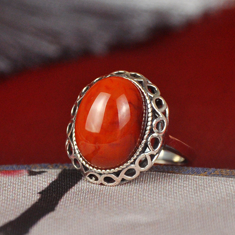 Natural Liangshan South Red Manau Tibetan silver Retro style Withdrawal Face Opening adjustable 925 pure silver inlaid with male and female ring