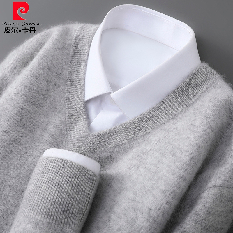 Pierre Cardin High-End V-Neck Cashmere Sweater for Men, New Autumn and Winter Knitted Sweater, High-End Sweetheart Collar Wool Sweater