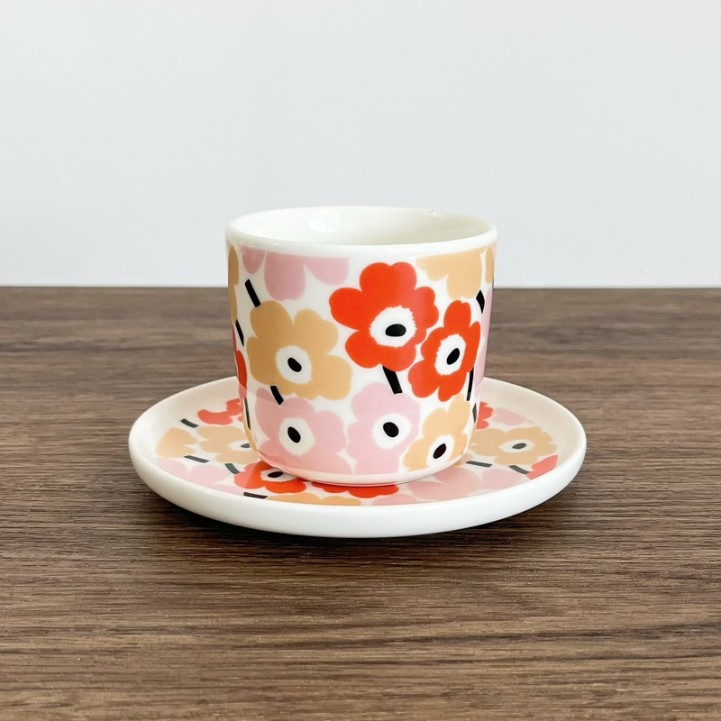 Marimekko2026 Japan Limited Edition Pink and Orange Small Flower Pikkuinen Unikko Hand-Held Mug with Saucer