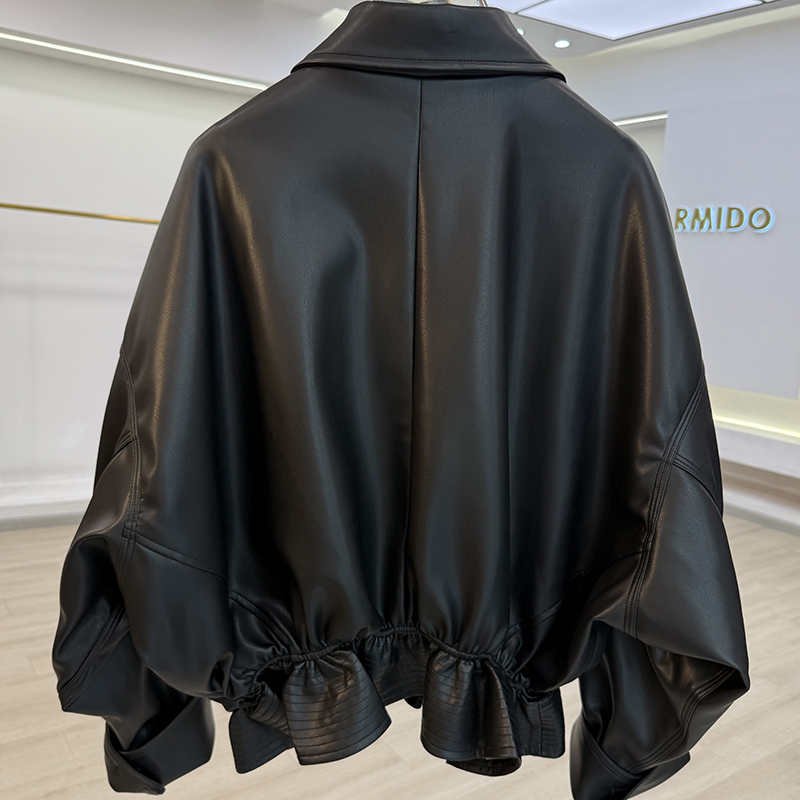Trendy Ruffled Pu Leather Short Jacket for Women 2026 New Style ins Casual Loose Leather Jacket