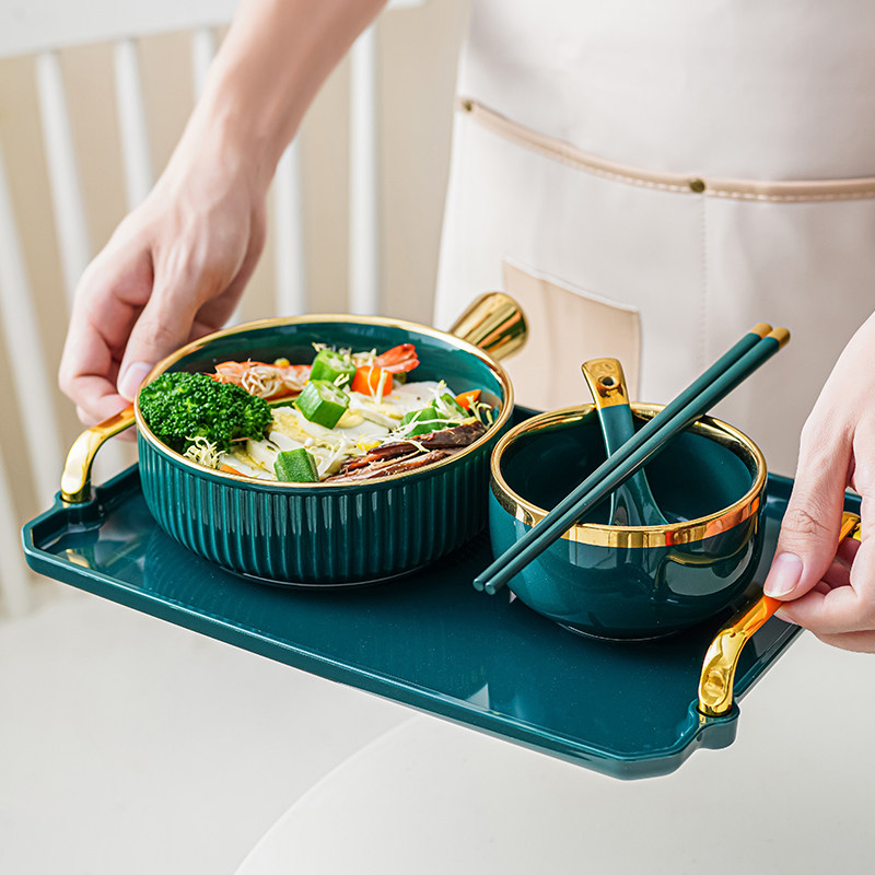 Light and luxurious ceramic noodles bowl One person Tableware Salad Bowl Handle Soup Bowl Eat Noodle Bowl DISH SUIT HOME BREAKFAST BOWL