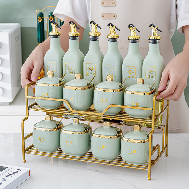 Light luxury kitchen seasoning box set seasoning glass oil salt sauce vinegar storage household combination pepper press