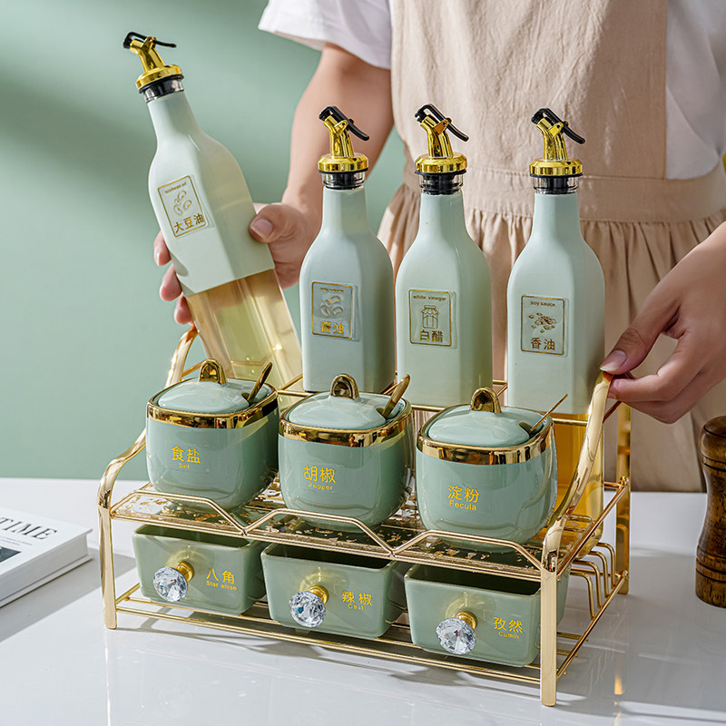 Kitchen Light Lavish Green Ceramic Seasoning Box Soy Sauce Bottle Composition Suit Home Seasoned Jar Mesh Red Seasoning Jar