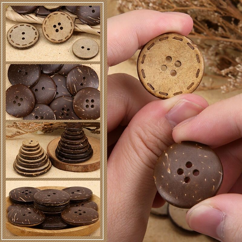 Wooden Coconut Buttons with 2 Holes and 4 Eyes, Natural Wooden Buttons for Children and Babies, Round and Versatile for Shirts, Sweaters, Coats, and Dolls
