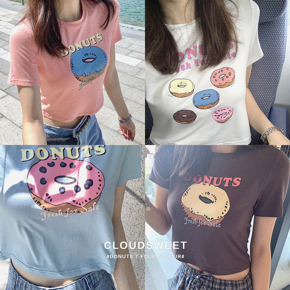 CloudSweet Donuts T homemade donuts tight fit and reduced print T cute teenage girl T-shirt blouse