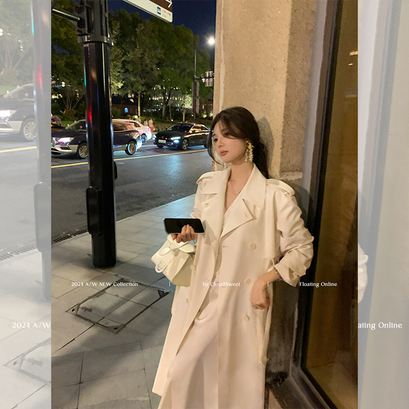 Cloudsweet Baiyun Tian (Sweet White Cloud) Same Style High-End Elegant Trench Coat for Women, White Waist-Cinching Long Coat