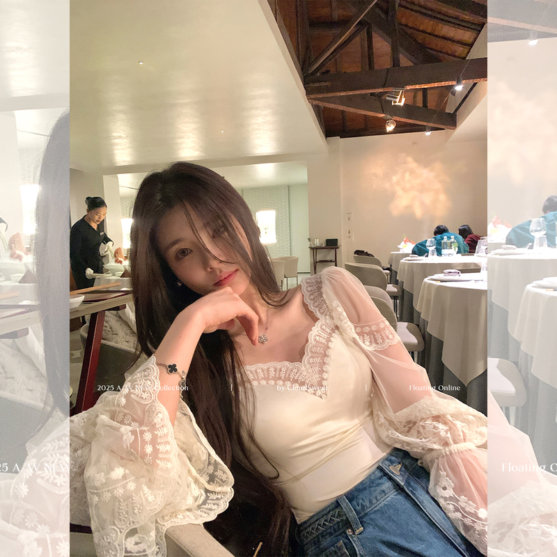 Cloudsweet Anna's Same Style Chl0E Lace Embroidered White French Slim-Fit Chiffon Top