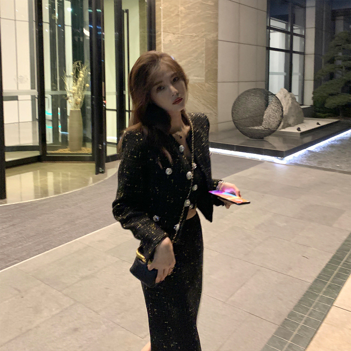 CloudSweet Xiaoxiang Group Night~C debut Xiangxiangzi tweed short coat and half skirt three-piece set