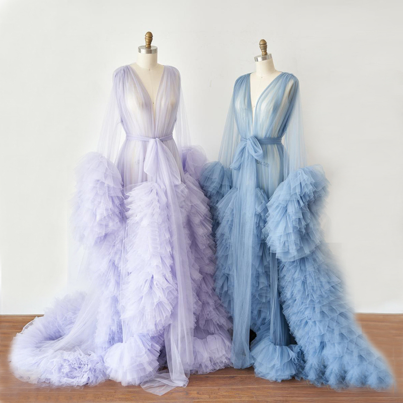 Light Purple Tulle Maternity Dress Photo Shoot Props Maternity Photography Ruffled Dress Shawl Cape Long