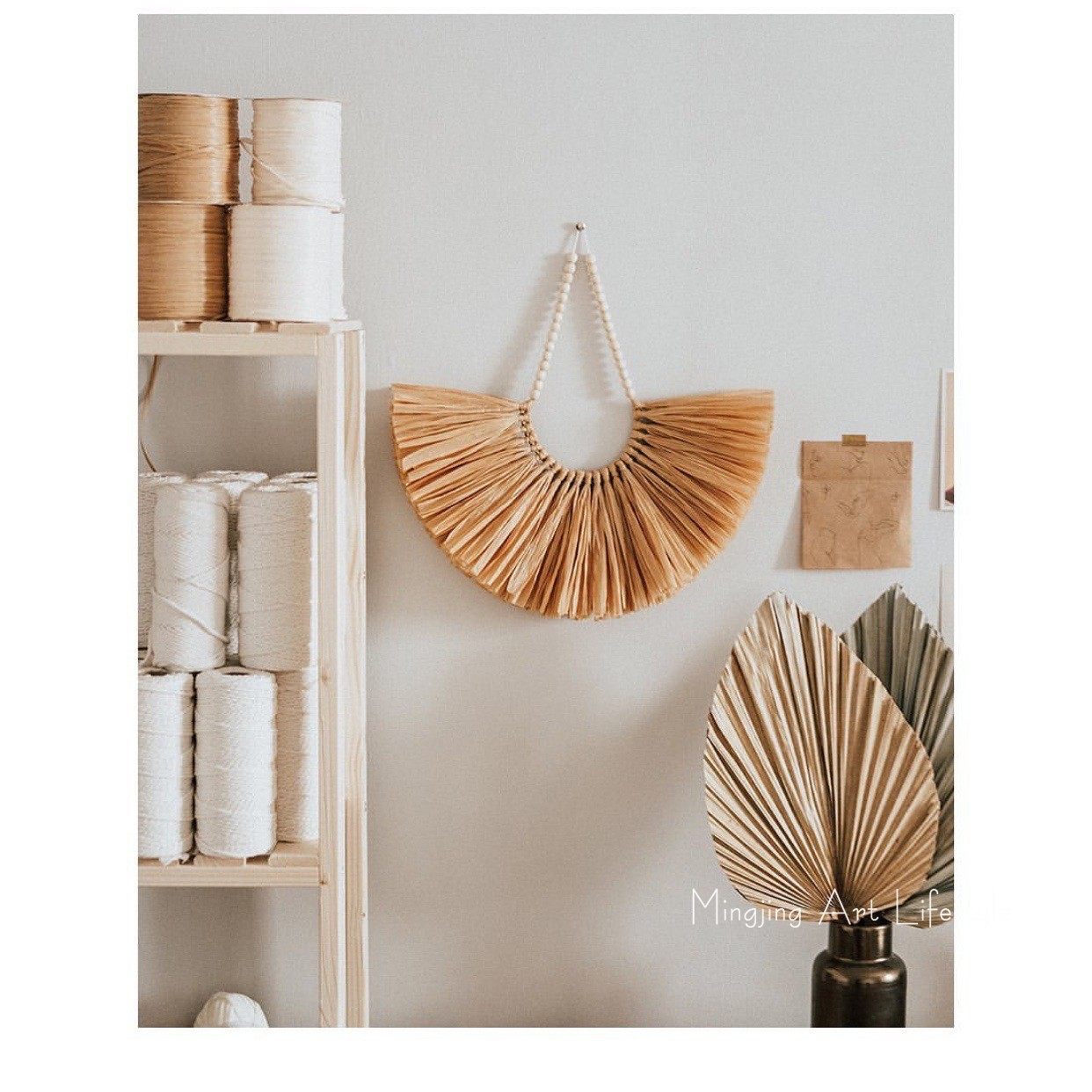 Ins retro Abstract artisanal wood bead straw semi-circle pendant hanging decoration folk house wall decoration room decoration-Taobao