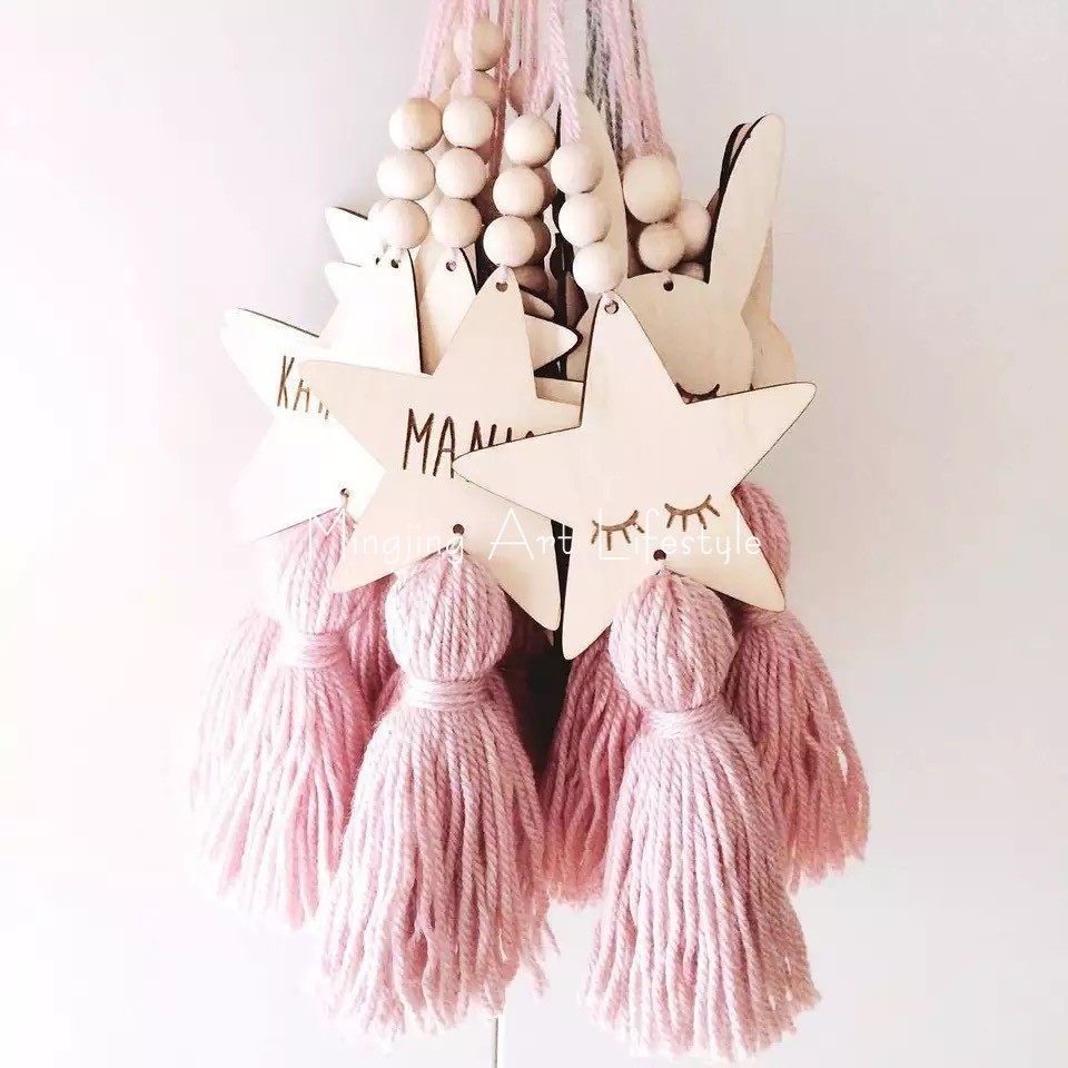 INS Nordic five-pointed star eyelashes Rabbit tassel hanging wood beads pendant listing children's room early education decorative wall hanging