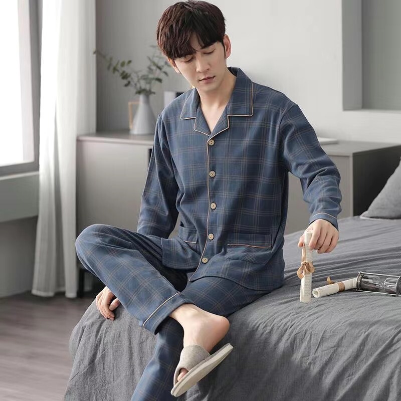 Men's Pajamas Spring and Autumn Cardigan Simple Plaid 2025 New Large Size Loose Outerwear Long-Sleeved Home Wear Set