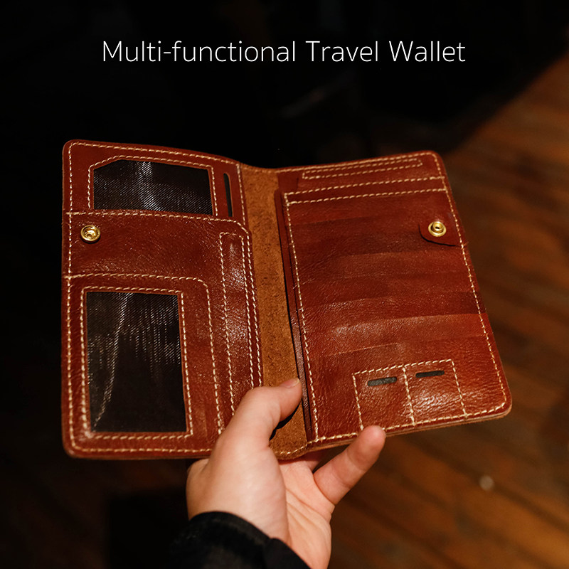 Original New Plant Tanning Cow Leather Multifunction Document Wallet Handmade Large Capacity Genuine Leather Travel Ticket Passport Holder