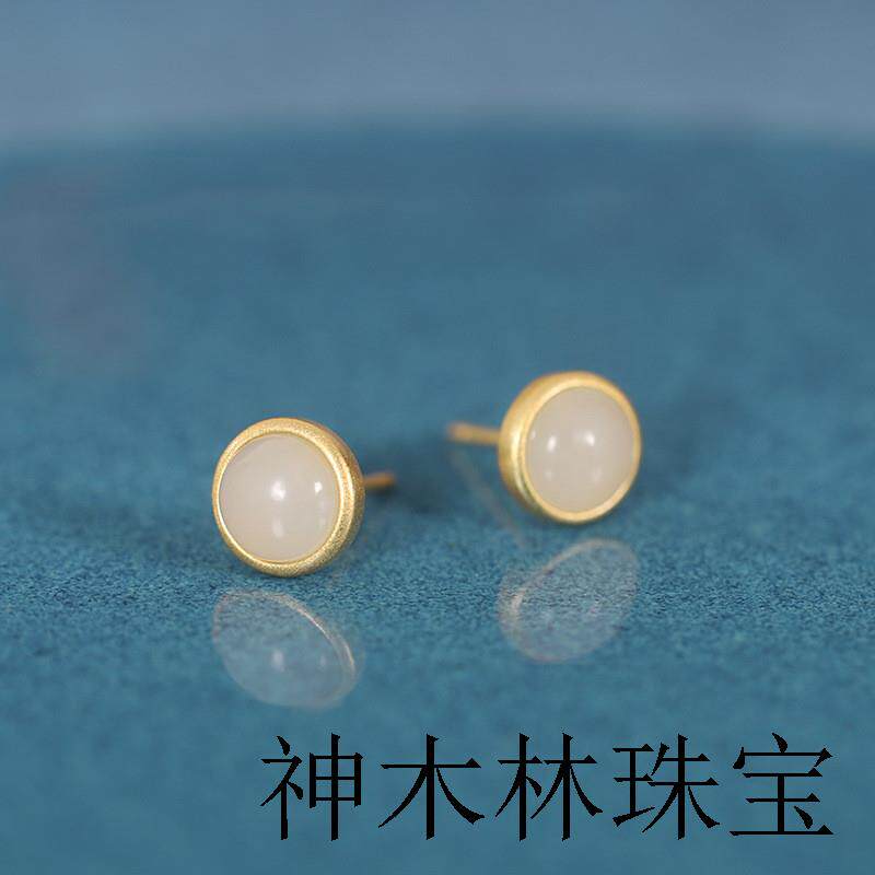 Серьги 南红玛瑙和田玉纯银古法金耳钉女复古高级感小巧精致红色耳环耳饰 OTHER