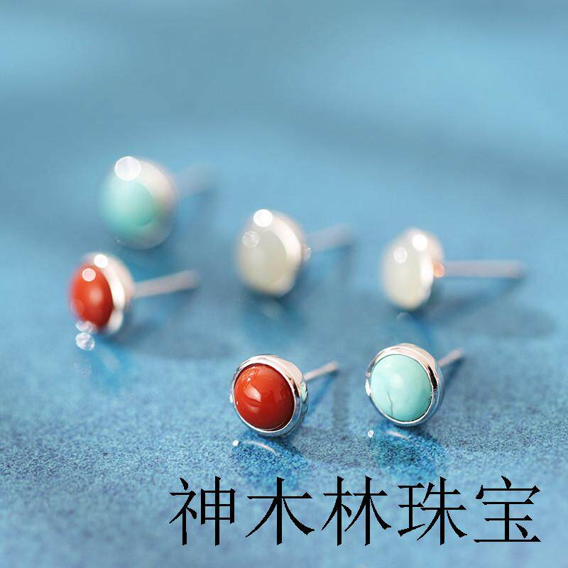 Серьги 南红玛瑙和田玉纯银古法金耳钉女复古高级感小巧精致红色耳环耳饰 OTHER