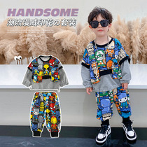 South Korean boy fall leave two suits 2021 middle boy baby fall cartoon trendy long sleeve sweater suit
