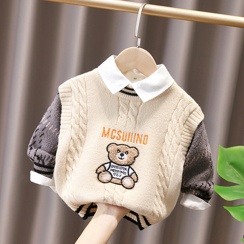 South Korean male baby splicing thickened sweater male and female child 2021 autumn and winter baby boy-knit cardiovert boy leave two sets