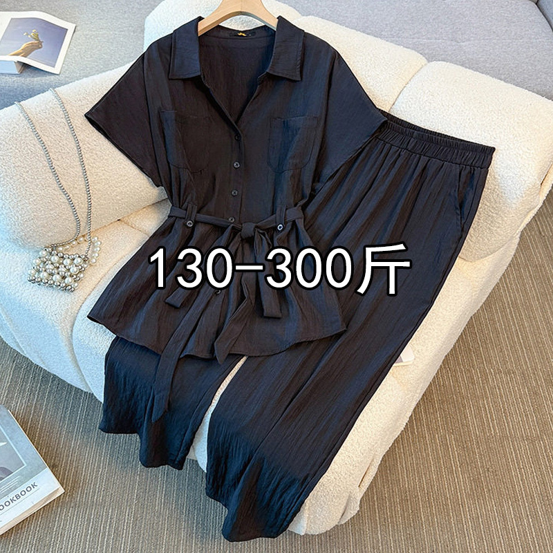 150kg Extra Large Size Women's Clothing 200 Fat mm Summer New Korean Style Black Waist-Cinching Short-Sleeved Shirt Wide-Leg Pants Suit