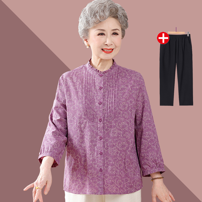 Middle-Aged and Elderly Women's Spring and Summer Stylish Loose-Fitting Age-Reducing Thin Pure Cotton Shirt with Three-Quarter Sleeves Middle-Aged and Elderly Women's Spring and Summer Stylish Loose-Fitting Age-Reducing Thin Pure Cotton Shirt with Three-Quarter Sleeves