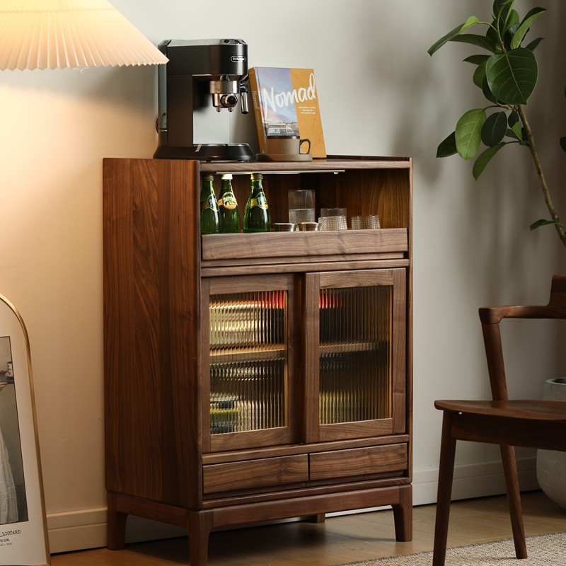 North American Black Walnuts Wood Dining Side Cabinet Nordic Day Style Solid Wood Tea Water Cabinet Brief Lockers Changhong Glass Small Family-Taobao