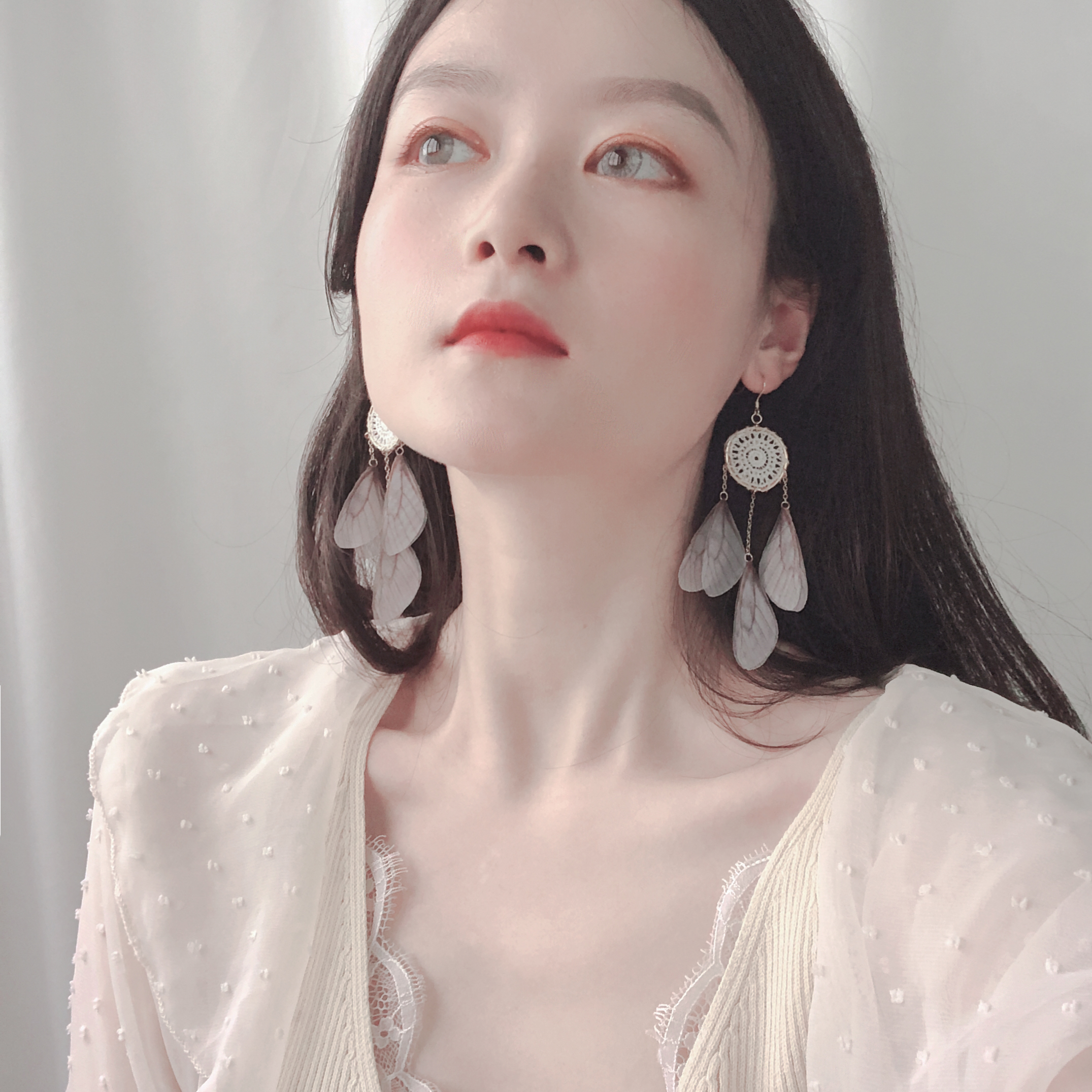 Dream catcher shape ring gauze butterfly wings tassel earrings ear clip fairy air holiday travel 925 earrings