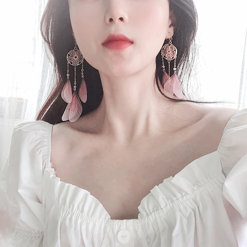 Dream - net shape dream - crash pink butterfly wings stream long earrings and fairyline hole ear clip