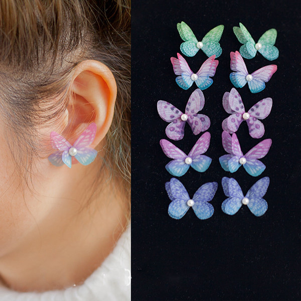 Fashionable temperament double layer tulle simulation butterfly freshwater pearl earrings 925 silver earrings Mori fairy earrings