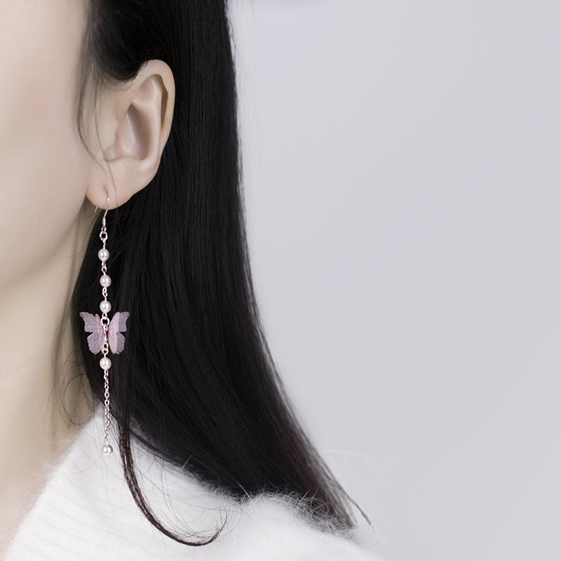 Pearl tassel pink butterfly 925 long earrings earrings earrings without pierced ear clips girl fairy jewelry