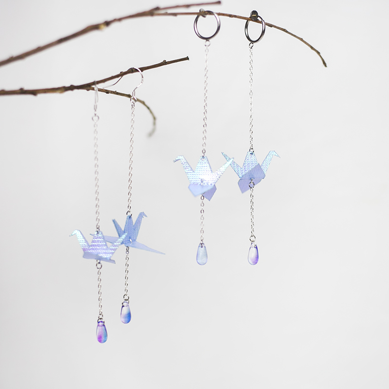Cool summer laser polarized color changing thousand paper cranes water drop long earrings ear clips sterling silver long earrings to modify the face