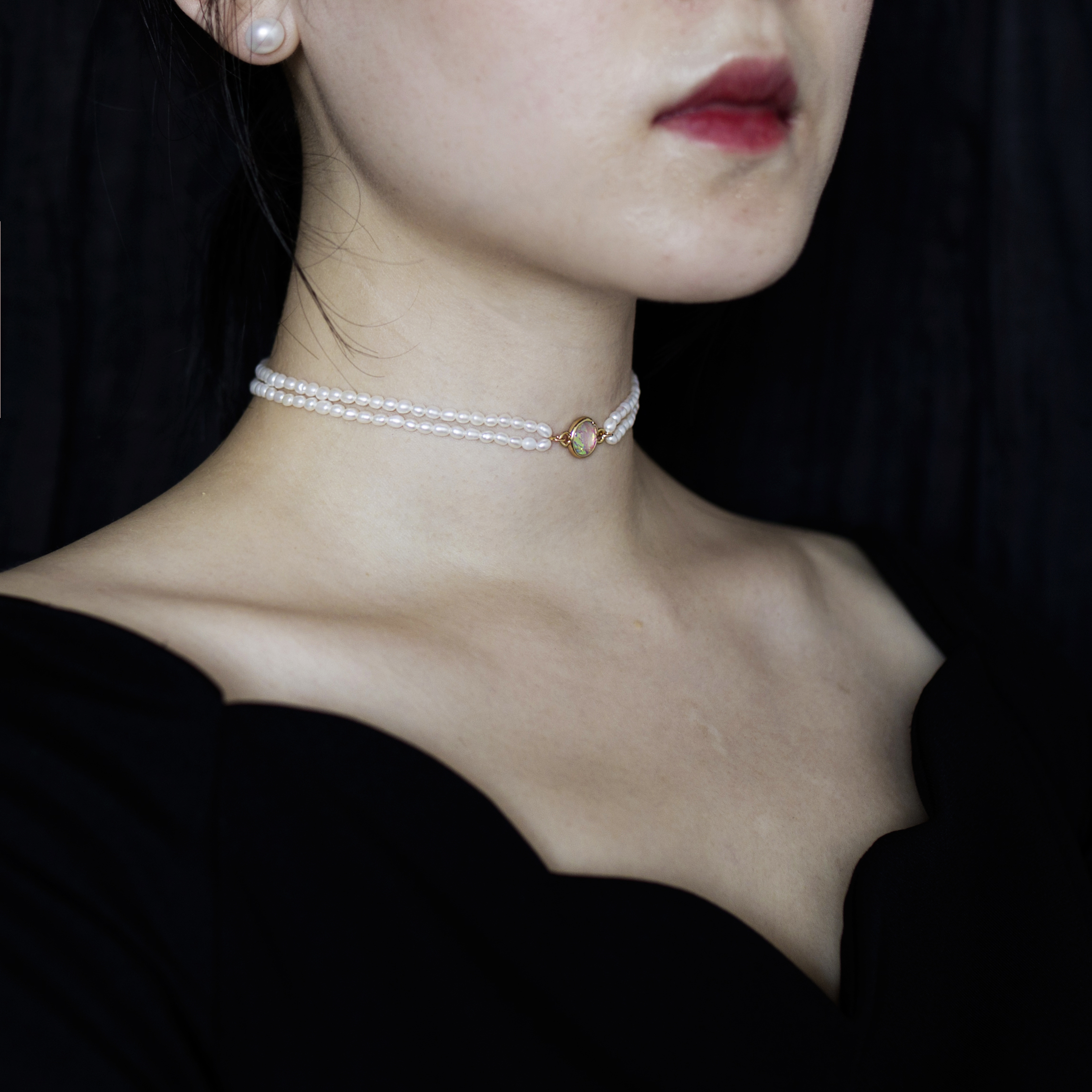 Original design retro vintage gemstone imitation opal natural pearl choker collar necklace adjustable