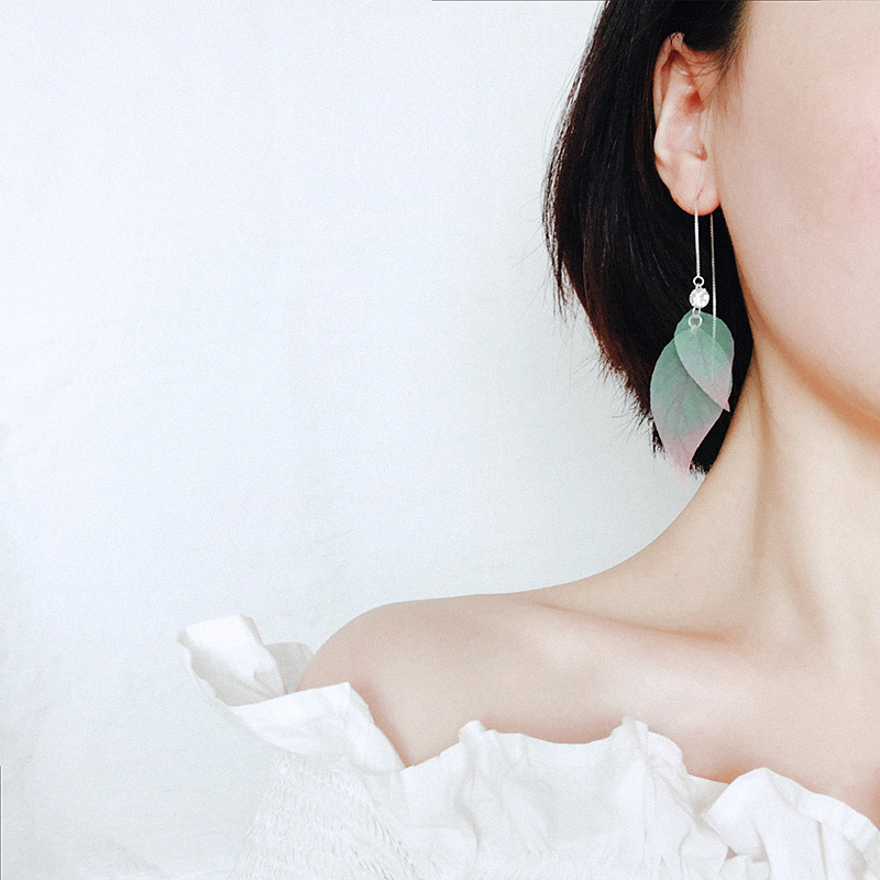 Original design Leaf green leaf zircon flash diamond multi-wear earrings ear clips Fairy fairy modified face earrings