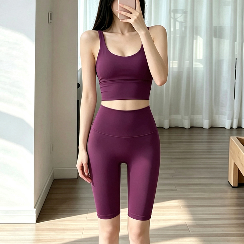 Qiaqialulu Yoga Clothing Set for Women with Padded Vest, High-Waisted Five-Quarter Pants, Pilates Sports Cycling Set