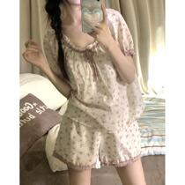 Human Flower Fairy Orange Sea Lace Floral Cotton Pajamas with Breast Pads Womens Summer Cotton Short Sleeves