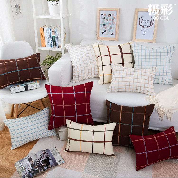 Nordic plaid Mediterranean American style pure cotton canvas cushion cover with core holding pillow waist close to pillow big number sofa backrest