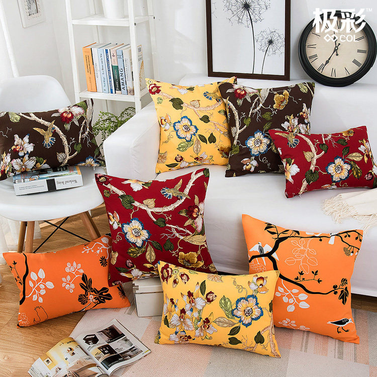 China Wind Flowers Birds Classical Fields Garden Pure Cotton Canvas Cushion Cover With Core Holding Pillow Waist Leaning Pillow Big Number Sofa Backrest Cushion
