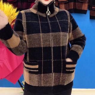 2023水貂绒领拉链短款外套长袖加厚保暖妈妈装中老年人女毛衣开衫