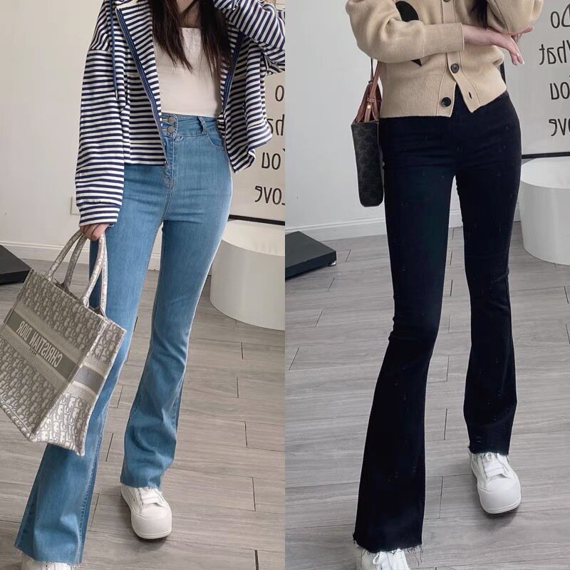 Second leg fine ju shows long legs European version double button high elastic tight flared trousers cut edge blue jeans women