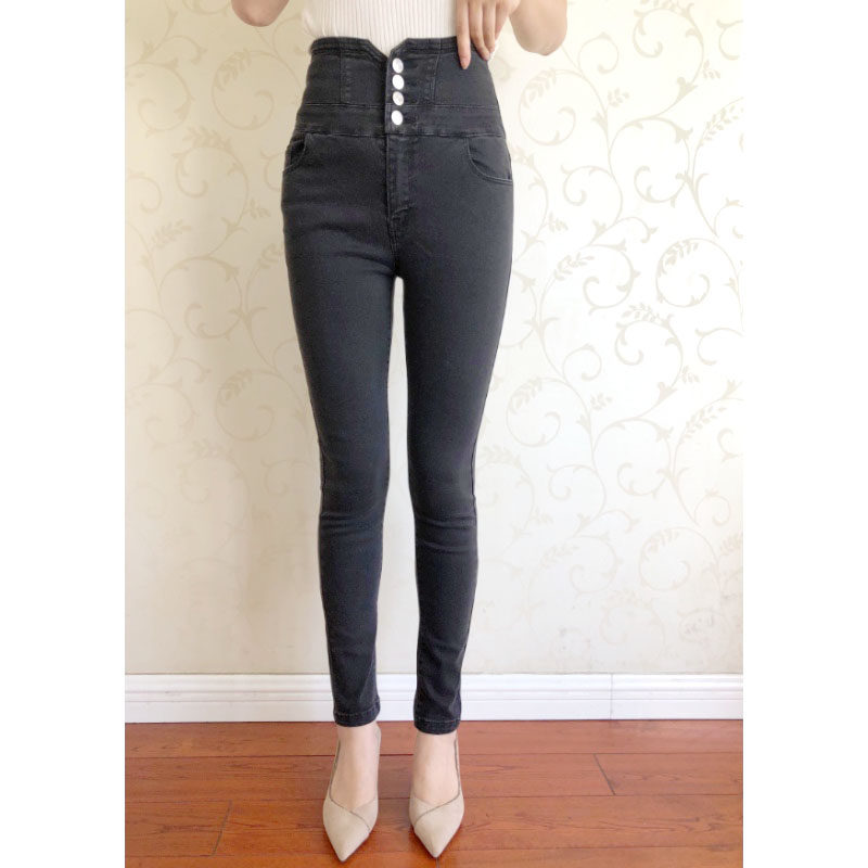 Textured smoke ash god pants vitaberry small waist high elastic self-cultivation giant leg length four button jeans women